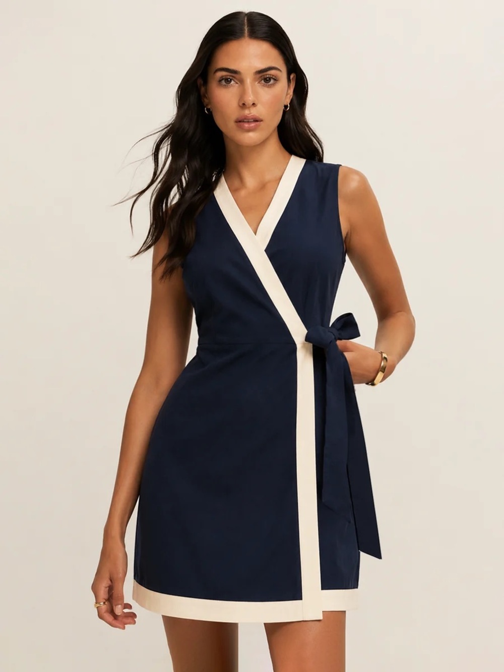 Commense Contrast Trim Wrap Tie Sleeveless Cotton Dress